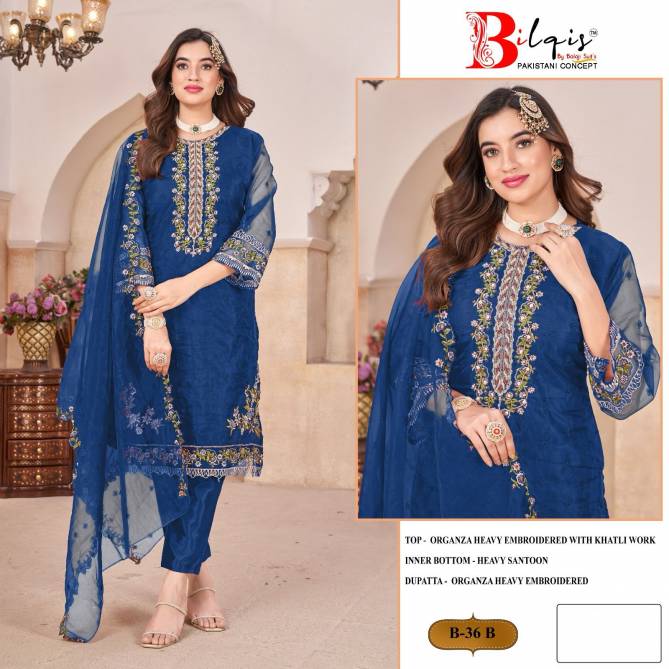 B 36 A To D By Bilqis Embroidery Organza Pakistani Suits Wholesale Shop In Surat
